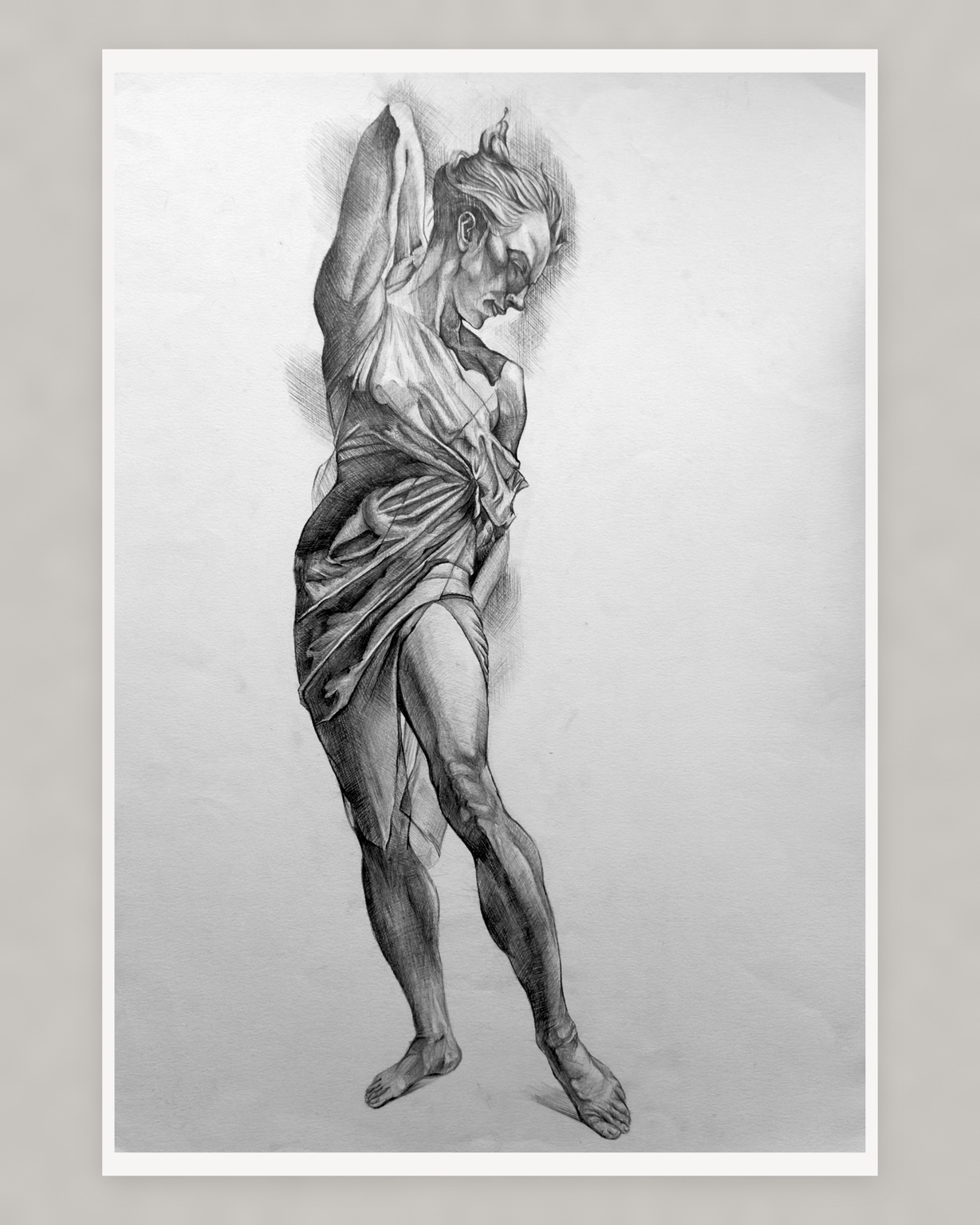Graphite study of a standing draped female figure