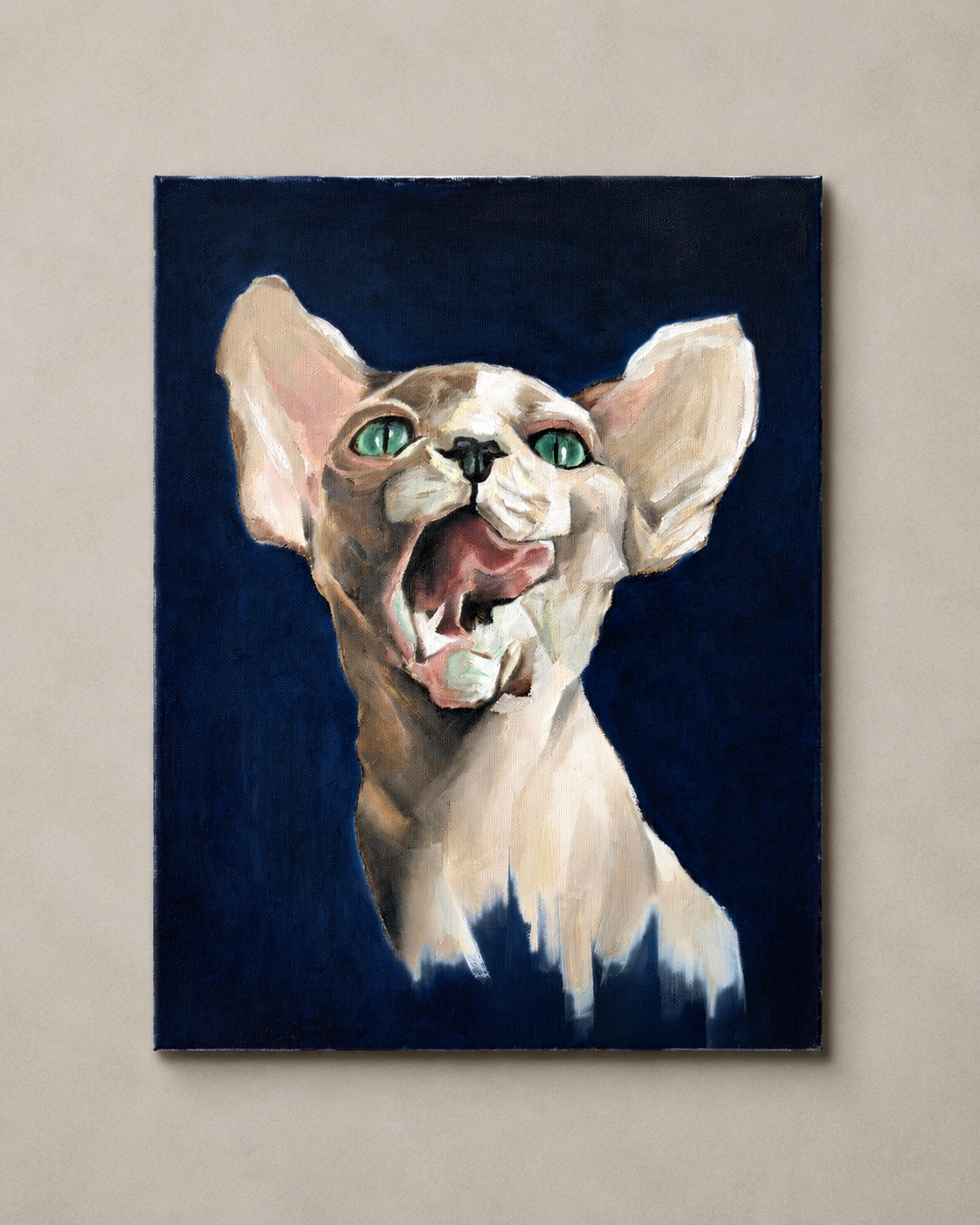 Expressive painting of a cat against a deep navy background