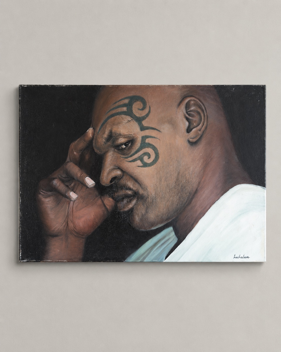 Portrait painting of a tattooed man resting his hand against his face